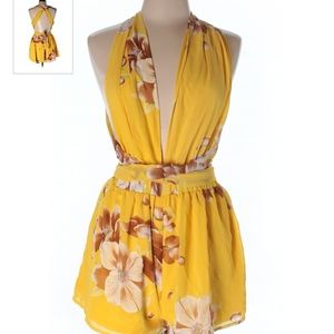 Yellow Floral Tie Halter Romper